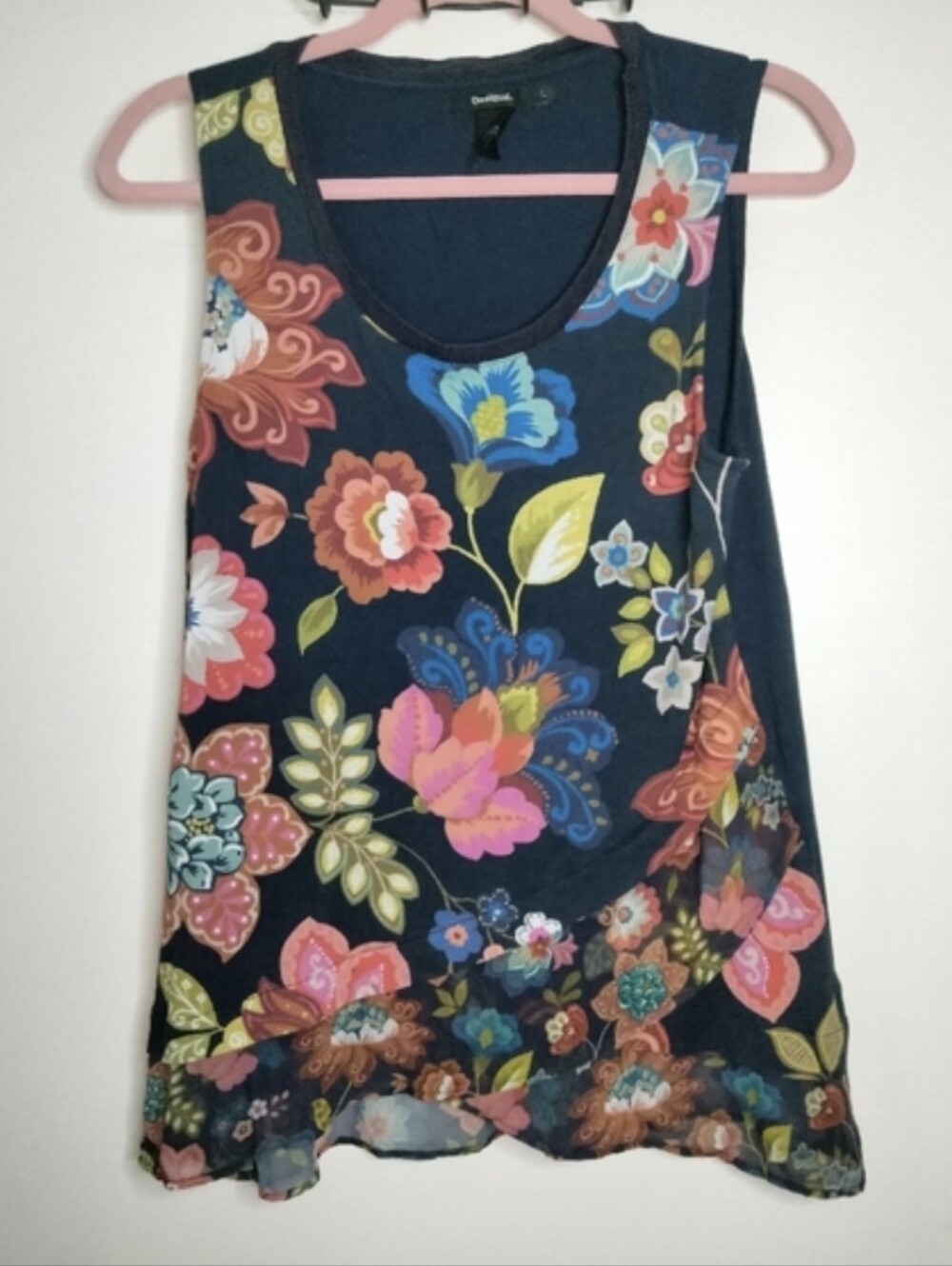 Desigual (Size L) Multicolored Floral Layered A-line Hem Sleeveless Tunic Top